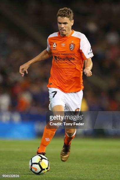 Thomas Kristensen of the Roar in action during the round 16 A-League match between the Newcastle Jets and the Brisbane Roar at McDonald Jones Stadium...