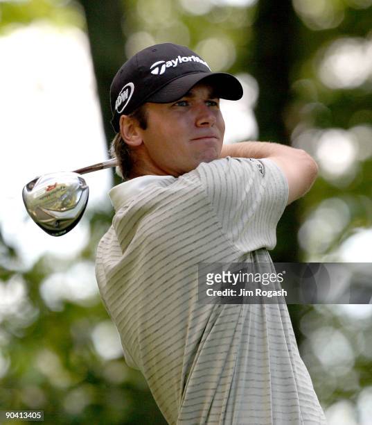 Sean O"Hair watches a tee shot during the third round of the Deutsche Bank Championship held at TPC Boston on September 6, 2009 in Norton,...