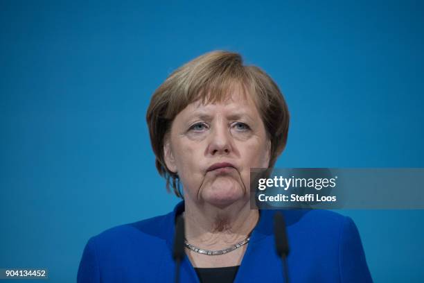 German Chancellor and head of the German Christian Democrats Angela Merkel during statements following all-night preliminary coalition talks on...