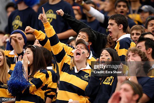 Fans cheer for the California Golden Bears before their game against the Maryland Terrapins at California Memorial Stadium on September 5, 2009 in...