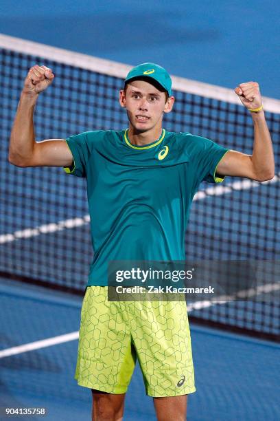 Alex de Minaur of Australia reacts after defeating Benoit Paire of France in the Men's semi final during day six of the 2018 Sydney International at...