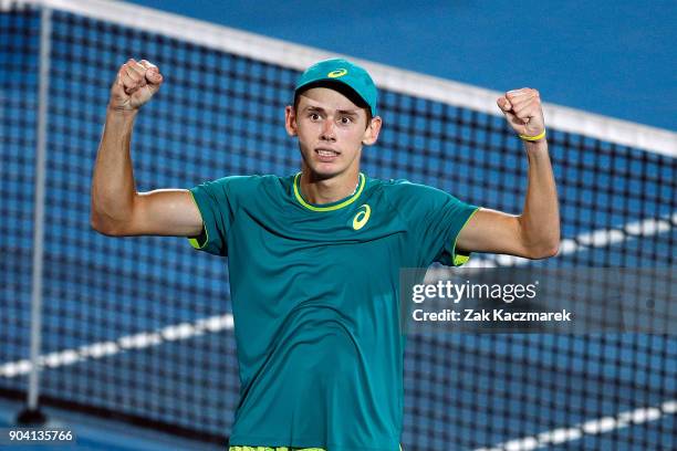 Alex de Minaur of Australia reacts after defeating Benoit Paire of France in the Men's semi final during day six of the 2018 Sydney International at...