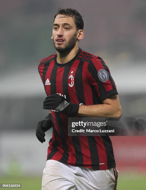 Hakan Calhanoglu of AC Milan looks on during the serie A match between AC Milan and FC Crotone at Stadio Giuseppe Meazza on January 6, 2018 in Milan,...