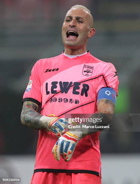 Alex Cordaz of FC Crotone shouts during the serie A match between AC Milan and FC Crotone at Stadio Giuseppe Meazza on January 6, 2018 in Milan,...