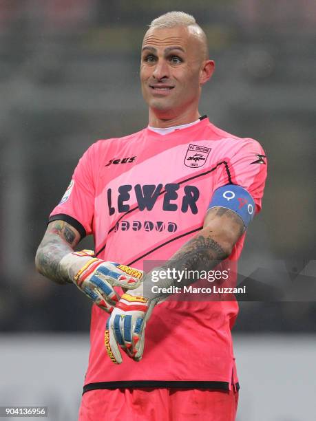 Alex Cordaz of FC Crotone gestures during the serie A match between AC Milan and FC Crotone at Stadio Giuseppe Meazza on January 6, 2018 in Milan,...