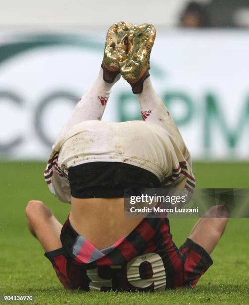 Patrick Cutrone of AC Milan during the serie A match between AC Milan and FC Crotone at Stadio Giuseppe Meazza on January 6, 2018 in Milan, Italy.