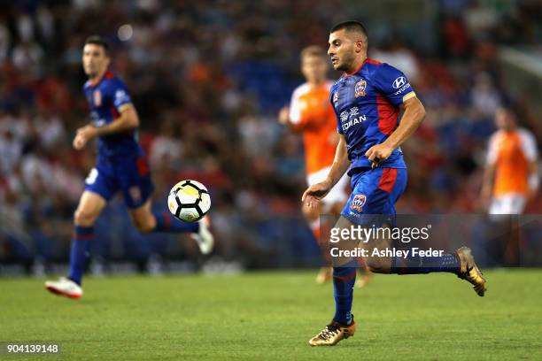 Andrew Nabbout of the Jets in action during the round 16 A-League match between the Newcastle Jets and the Brisbane Roar at McDonald Jones Stadium on...