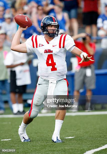 Jevan Snead of the Ole Miss Rebels throws against the Memphis Tigers on September 6, 2009 at Liberty Bowl Memorial Stadium in Memphis, Tennessee. The...