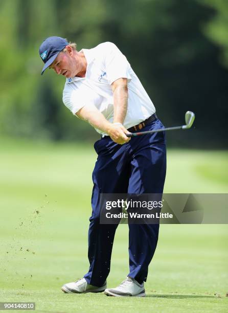 Ernie Els of South Africa plays his second shot on the 7th hole during day two of the BMW South African Open Championship at Glendower Golf Club on...