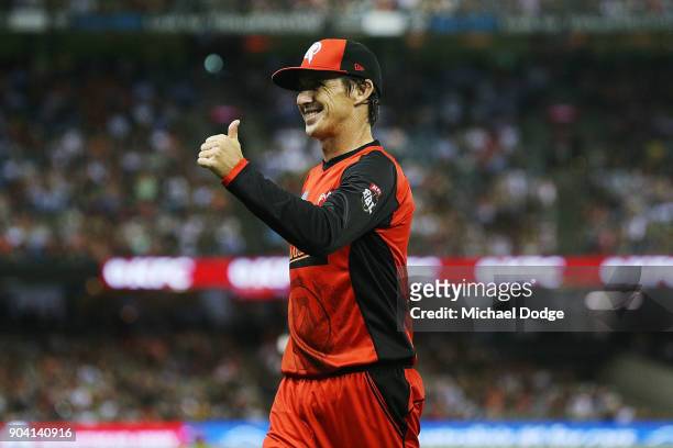 Brad Hogg of the Renegades reacts to the fans during the Big Bash League match between the Melbourne Renegades and the Melbourne Stars at Etihad...
