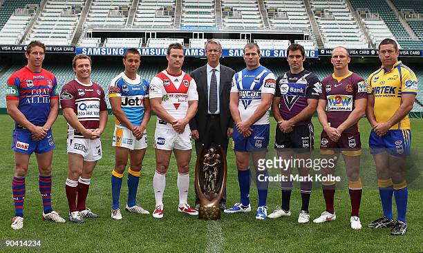 Kurt Gidley, Matt Orford, Scott Prince, Dean Young, David Gallop, Andrew Ryan, Cameron Smith, Darren Lockyer and Nathan Cayless pose during the NRL...