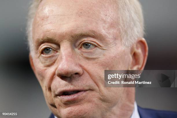 Owner Jerry Jones of the Dallas Cowboys before a game between the Brigham Young Cougars and the Oklahoma Sooners at Cowboys Stadium on September 5,...