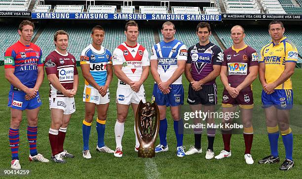 Kurt Gidley, Matt Orford, Scott Prince, Dean Young, Andrew Ryan, Cameron Smith, Darren Lockyer and Nathan Cayless pose during the NRL premiership...