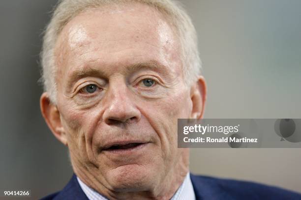 Owner Jerry Jones of the Dallas Cowboys before a game between the Brigham Young Cougars and the Oklahoma Sooners at Cowboys Stadium on September 5,...