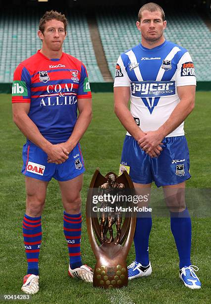 Kurt Gidley of the Knights and Andrew Ryan of the Bulldogs pose during the NRL premiership finals captains call at the Sydney Football Stadium on...