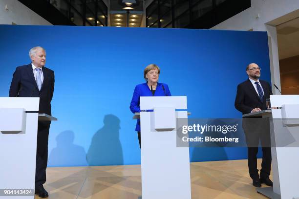 Horst Seehofer, leader of the Christian Social Union party, left, and Angela Merkel, Germany's chancellor, center, and Martin Schulz, leader of the...