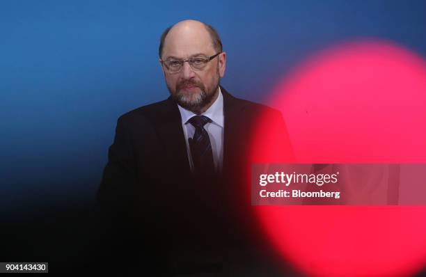 Martin Schulz, leader of the Social Democrat Party , looks on during a news conference following overnight coalition negotiations, at the SPD...