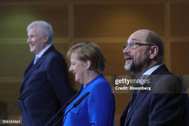 Martin Schulz, leader of the Social Democrat Party , speaks during a news conference following overnight coalition negotiations, at the SPD...