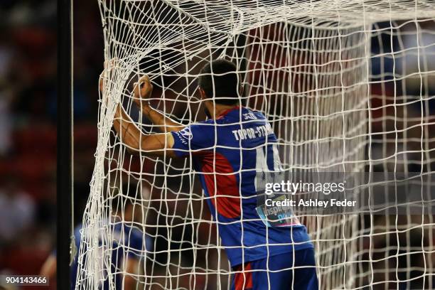 Nikolai Topor-Stanley of the Jets during the round 16 A-League match between the Newcastle Jets and the Brisbane Roar at McDonald Jones Stadium on...