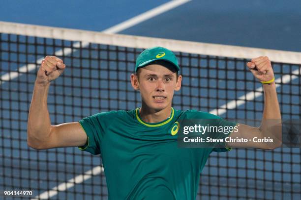 Alex De Minaur of Australia celebrates after winning his semi final match against Benoit Paire of France during day six of the 2018 Sydney...