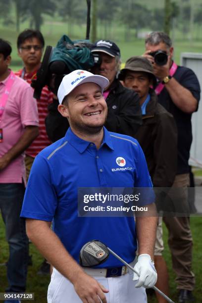 Tyrrell Hatton of team Europe reacts on the 1st hole during the fourballs matches on day one of the 2018 EurAsia Cup presented by DRB-HICOM at...