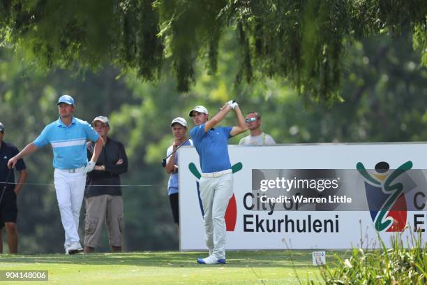 Chase Koepka of the United States tees off on the 18th hole during day two of the BMW South African Open Championship at Glendower Golf Club on...