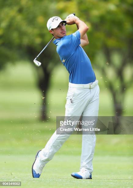 Chase Koepka of the United States plays his second shot on the 18th hole during day two of the BMW South African Open Championship at Glendower Golf...