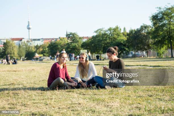 freundschaft: junge erwachsene zusammensitzen im mauerpark, sommer in berlin - mauerpark berlin stock-fotos und bilder