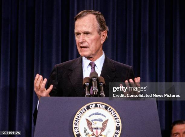 President-Elect and Vice President George HW Bush speaks during a press conference where announced members of his cabinet, Washington DC, January 12,...