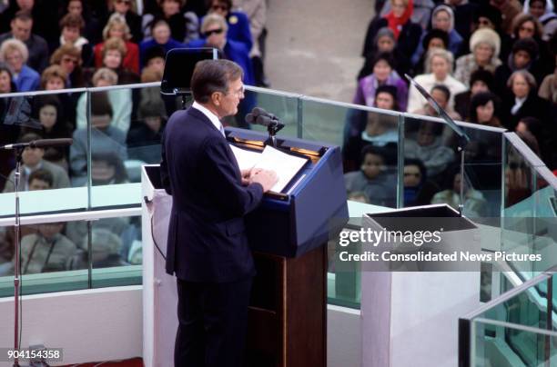 President George HW Bush delivers his Inaugural Address at the US Capitol, Washington DC, January 20, 1989.