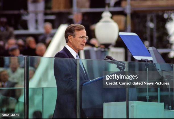 President George HW Bush delivers his Inaugural Address at the US Capitol, Washington DC, January 20, 1989.