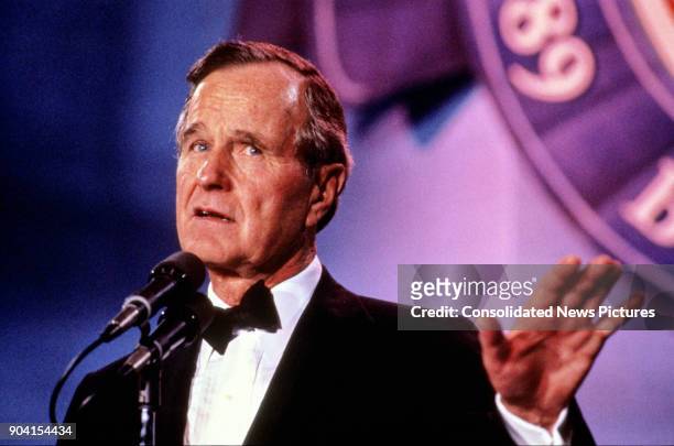 President George HW Bush speaks during one of his Inaugural Balls, Washington DC, January 20, 1989.