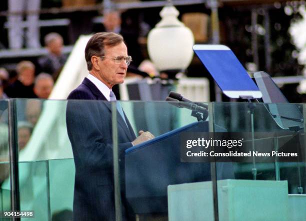 President George HW Bush delivers his Inaugural Address at the US Capitol, Washington DC, January 20, 1989.