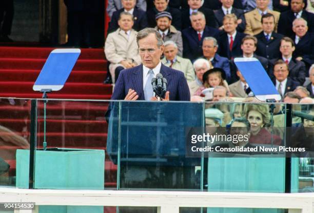 President George HW Bush delivers his Inaugural Address at the US Capitol, Washington DC, January 20, 1989.