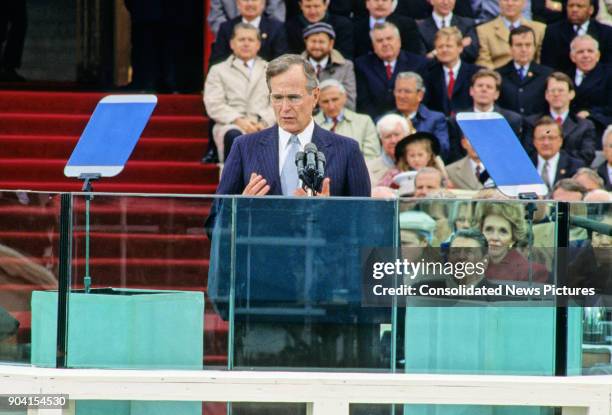 President George HW Bush delivers his Inaugural Address at the US Capitol, Washington DC, January 20, 1989.