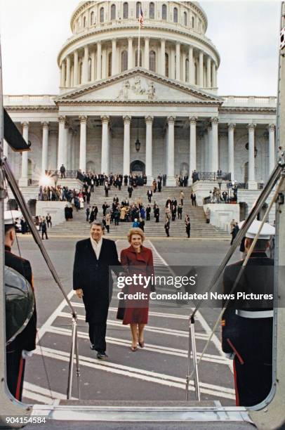 Former US President Ronald Reagan and former First Lady Nancy Reagan leave the US Capitol after President Bush's Inaugural ceremony, Washington DC,...