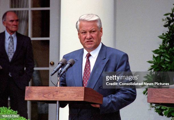 Russian President Boris Yeltsin speaks during a press conference in the White House's Rose Garden, Washington DC, June 16, 1992. Along with US...
