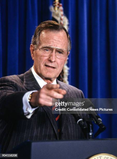 President George HW Bush speaks during a press conference, Washington DC, December 5, 1991. He announced Samuel Skinner as the replacement for John...