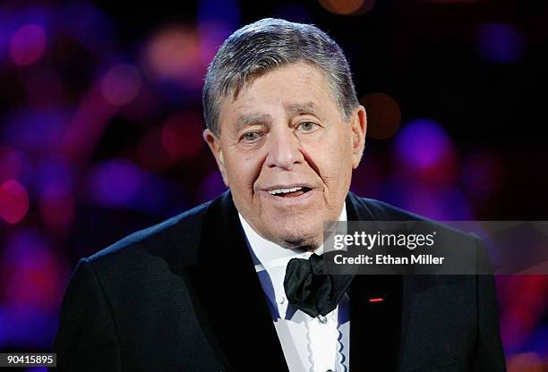 Entertainer Jerry Lewis speaks during the 44th annual Labor Day Telethon to benefit the Muscular Dystrophy Association at the South Point Hotel &...