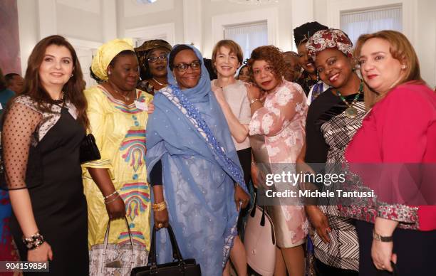 German First Lady Elke Buedenbender, center, poses with Ambassadors wives during the first Reception For Diplomatic Corp Wives in the Bellevue palace...