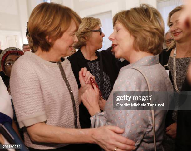 German First Lady Elke Buedenbender, chats with former German First Lady Daniela Schadt, during the first Reception For Diplomatic Corp Wives in the...