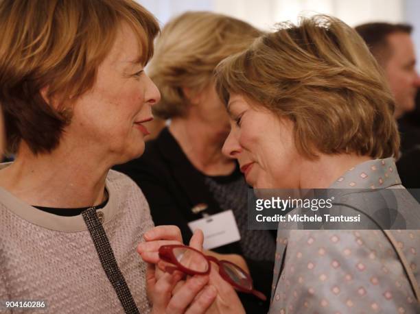 German First Lady Elke Buedenbender, chats with former German First Lady Daniela Schadt, during the first Reception For Diplomatic Corp Wives in the...