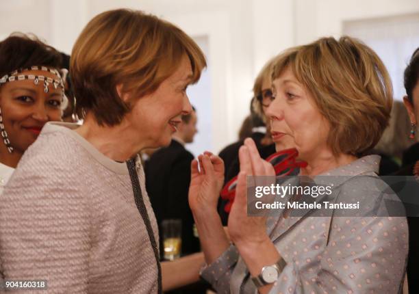 German First Lady Elke Buedenbender, chats with former German First Lady Daniela Schadt, during the first Reception For Diplomatic Corp Wives in the...