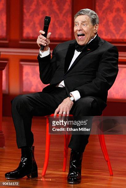 Entertainer Jerry Lewis jokes around during the 44th annual Labor Day Telethon to benefit the Muscular Dystrophy Association at the South Point Hotel...