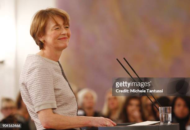 German First Lady Elke Buedenbender speaks during the first Reception For Diplomatic Corp Wives in the Bellevue palace on January 12, 2018 in Berlin,...