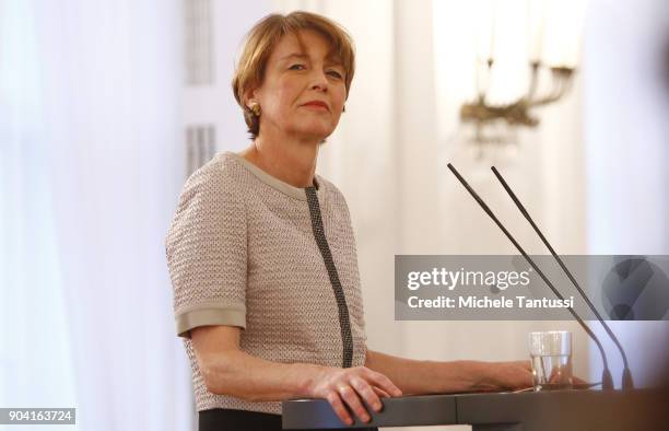 German First Lady Elke Buedenbender speaks during the first Reception For Diplomatic Corp Wives in the Bellevue palace on January 12, 2018 in Berlin,...