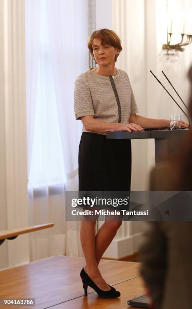 German First Lady Elke Buedenbender speaks during the first Reception For Diplomatic Corp Wives in the Bellevue palace on January 12, 2018 in Berlin,...