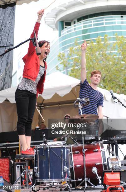 Musicians Kim Schifino and Matt Johnson of Matt and Kim perform during the 2009 Bumbershoot Music and Arts Festival at Seattle Center on September 5,...