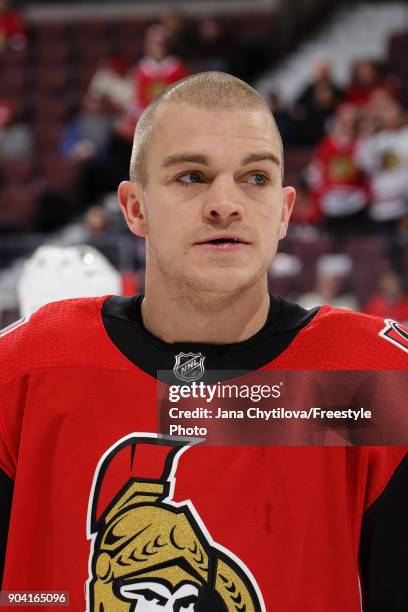 Mark Borowiecki of the Ottawa Senators looks on during warmups prior to a game against the Chicago Blackhawks at Canadian Tire Centre on January 9,...