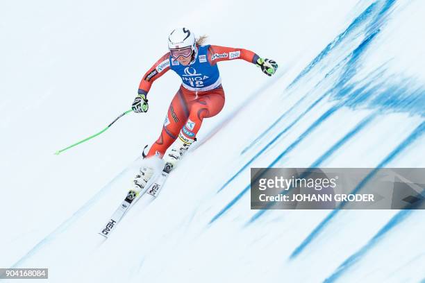 Ragnhild Mowinckel of Norway takes part in a training session ahead of the FIS Alpine World Cup Women Downhill event on January 12, 2018 in the...